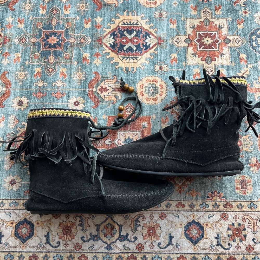 Black Fringe Moccasin Boots